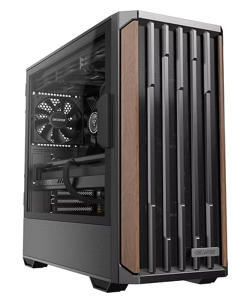  Mid-Tower Case: OKINOS Cypress 7 Walnut Wood<br>4x 120mm Fans, 2x USB 3.0 + 1x USB Type-C (10GBps), 1x Mic/Headphones Jack, Tempered Glass Side Panel, Supports: ATX/m-ATX/mini-ITX  